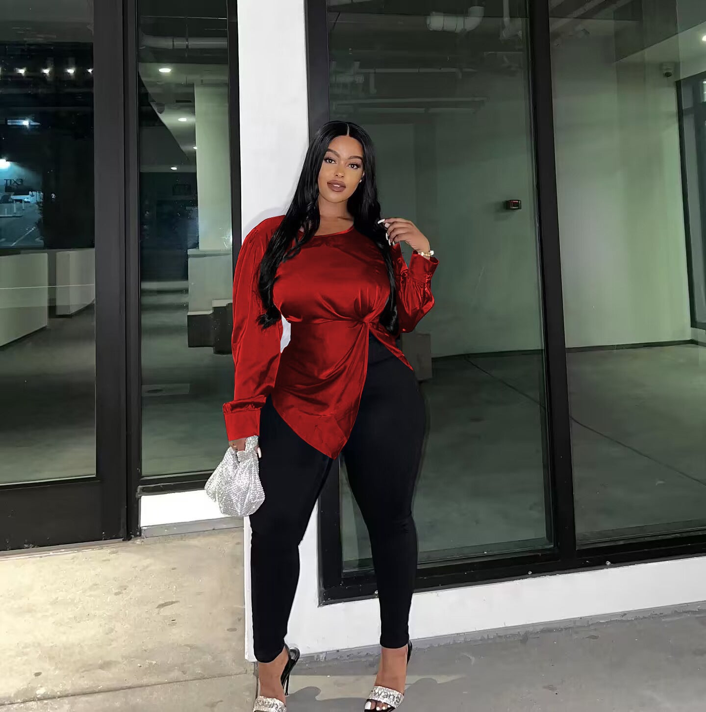 Women's Satin Casual Slit Long Sleeve Chic Top