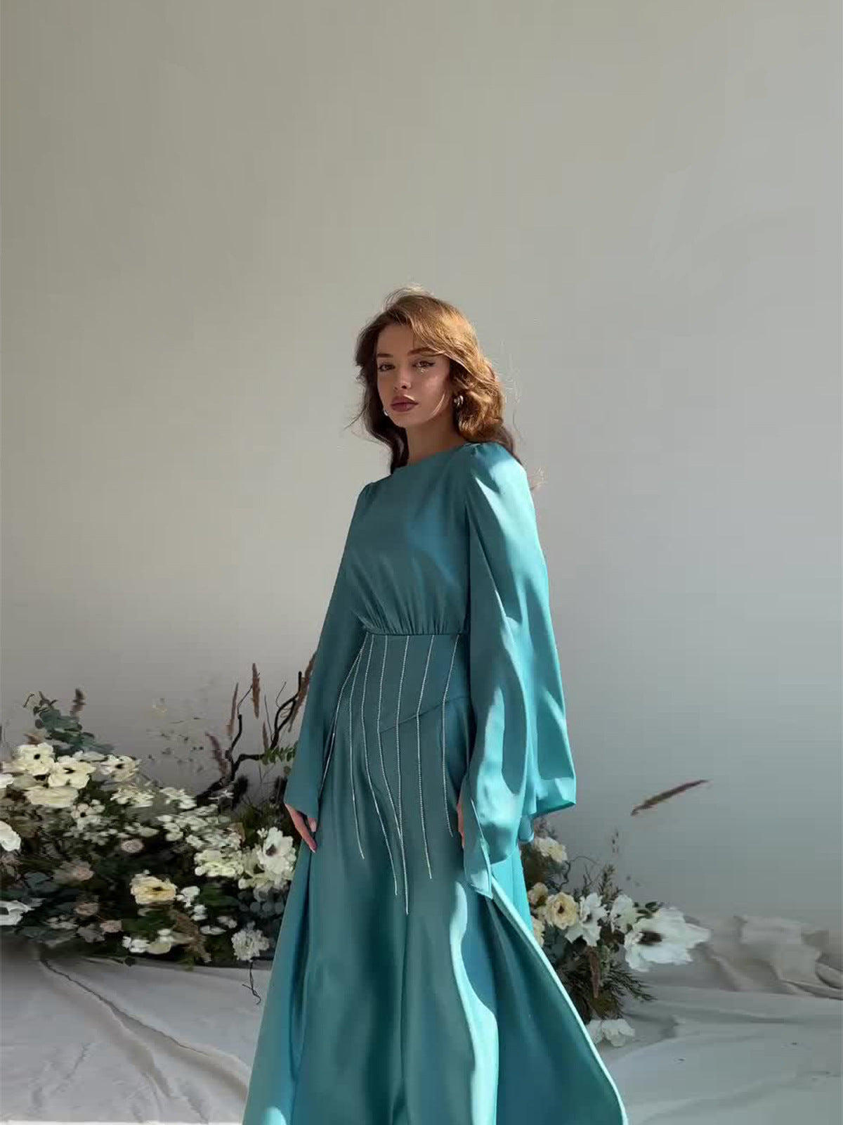 Spring Lace-Up Diamond Slim Waist Slim Fit Bell Bottom Sleeve Swing Dress 5