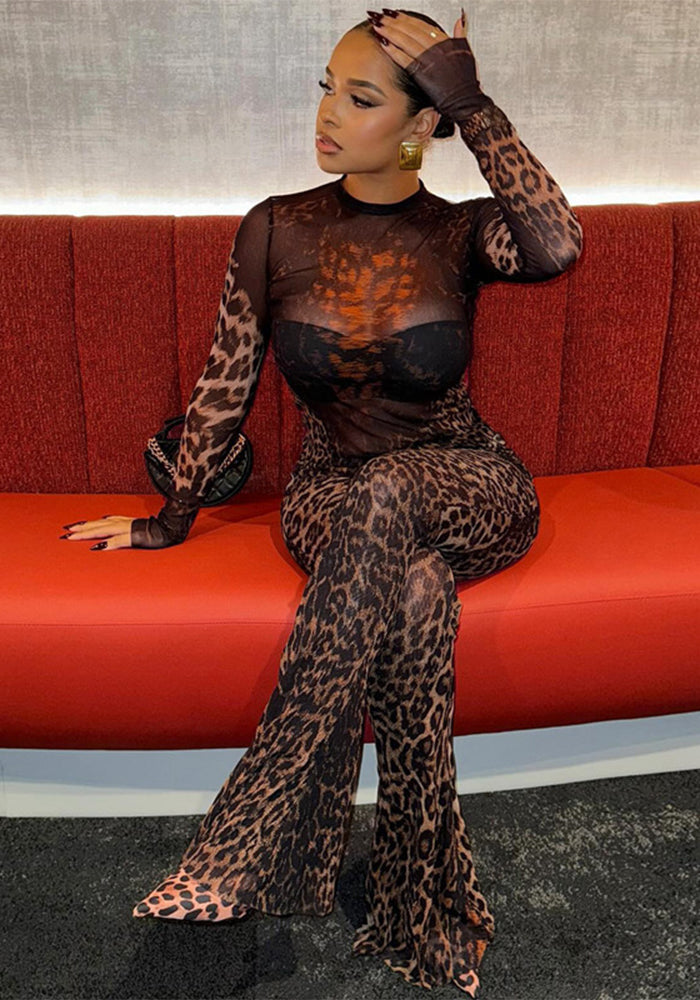 Women Mesh See-Through Sexy Jumpsuit Winter Long Sleeve Print Bell Bottom Pants
