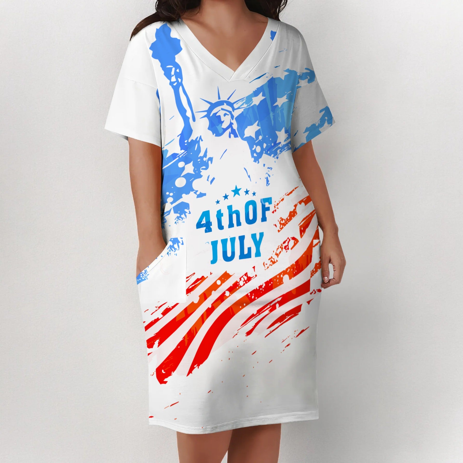 Plus Size Women American Flag V-Neck Pocket Loose Dress 9