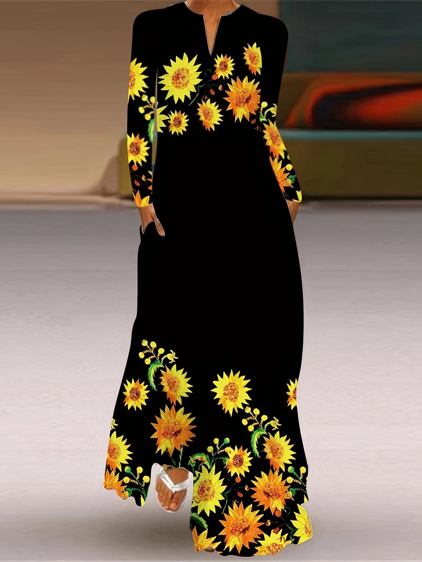 Spring Printed V-Neck Retro Floral Loose Long-Sleeved Long Dress 9