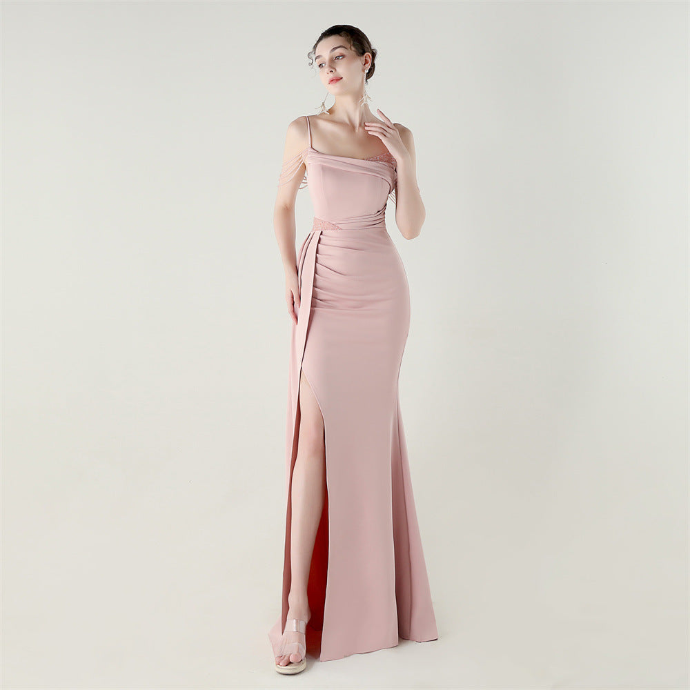 Women beaded chain fishtail slit evening dress 6