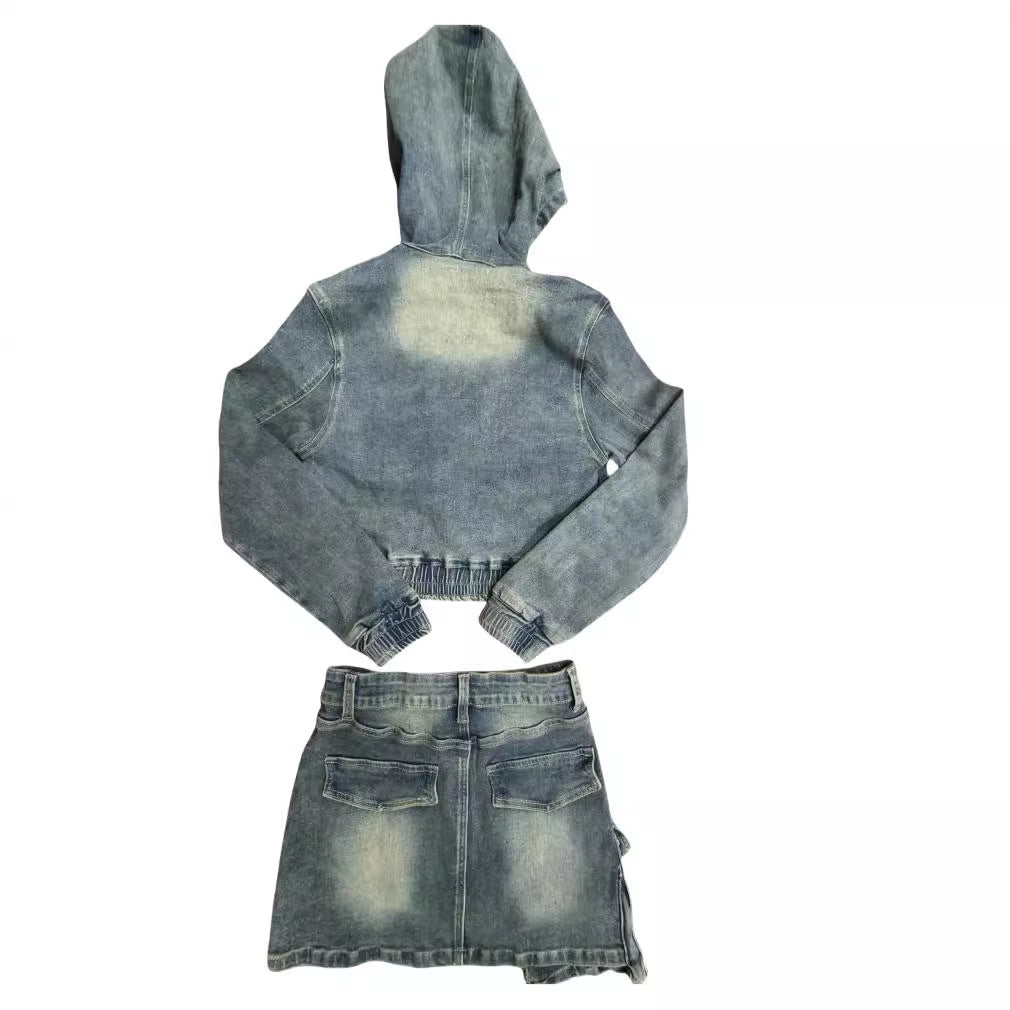 Denim Suit Stretch Denim Hooded Jacket Skirt Two Piece Set 8