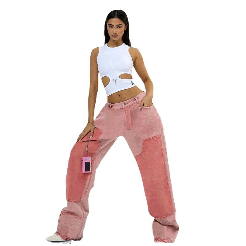 Autumn Women's Patchwork Contrast Color High Waisted Loose Casual Denim Pants For Women 7