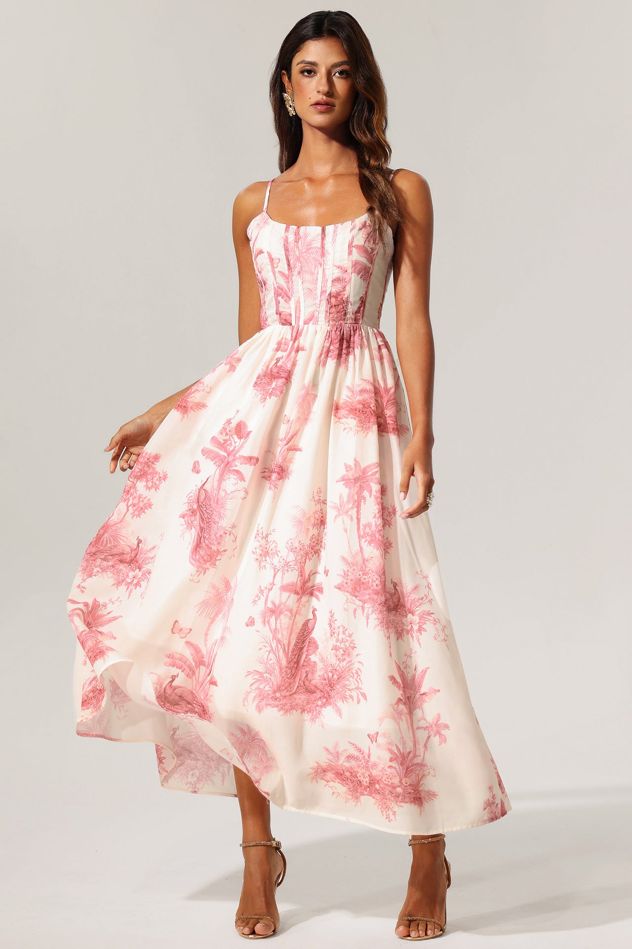 Women's Summer Printed Strap Elegant Slim Waist Long Dress