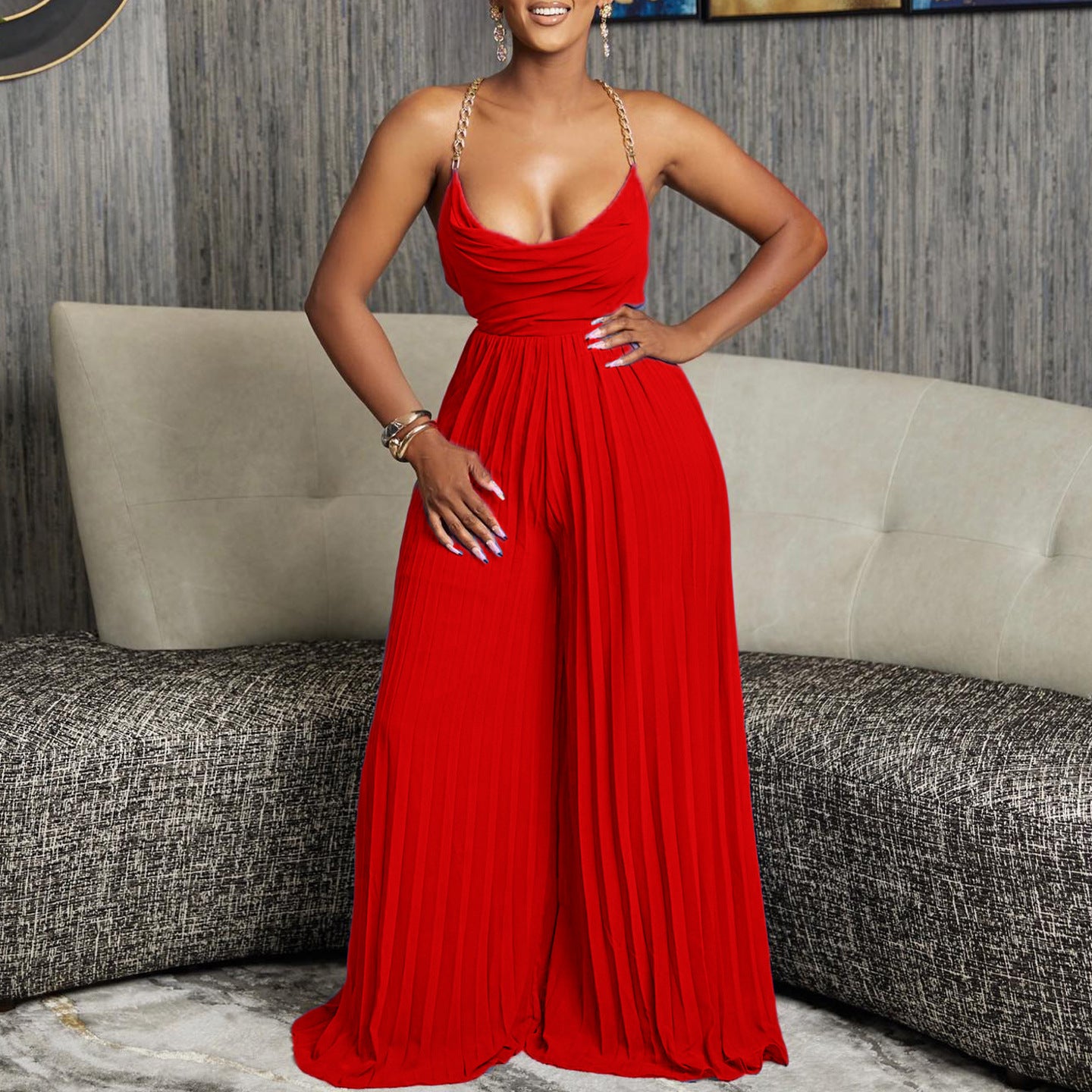 Summer Fashion Sexy Chain Halter Neck Sexy Low Back High Waist Wide Leg Pleated Jumpsuit 4