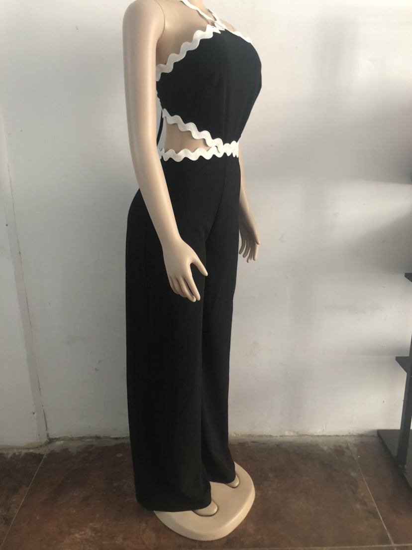 Women Wave Line Patchwork Sleeveless Wide Leg Jumpsuit 9