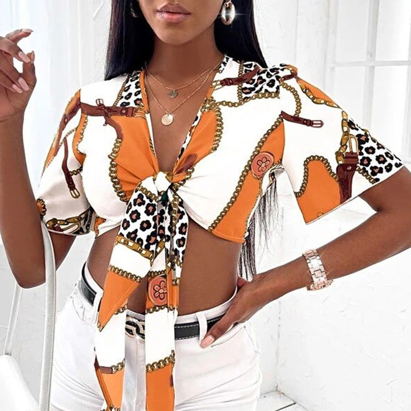 Women's Bow Tie Sexy Shirt Summer Short-Sleeved Printed Top 5