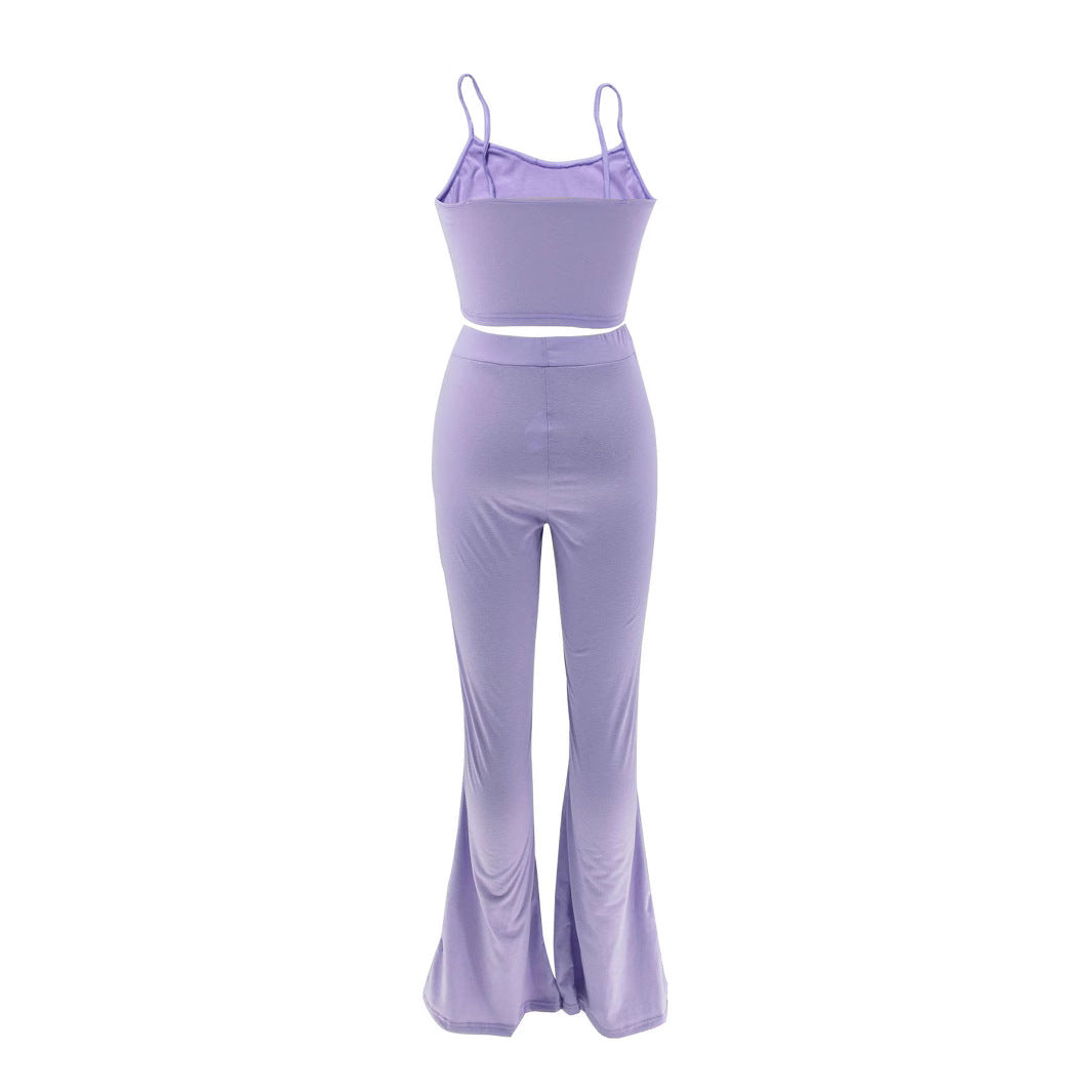 Women's Purple Bell Bottom High Waist Stretch Pants Sleeveless Vest Casual Two Piece Set 4