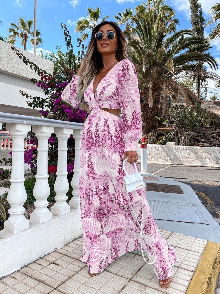Fashion Women Clothing Spring Long Printed V-Neck Long Sleeve Maxi Dress 3