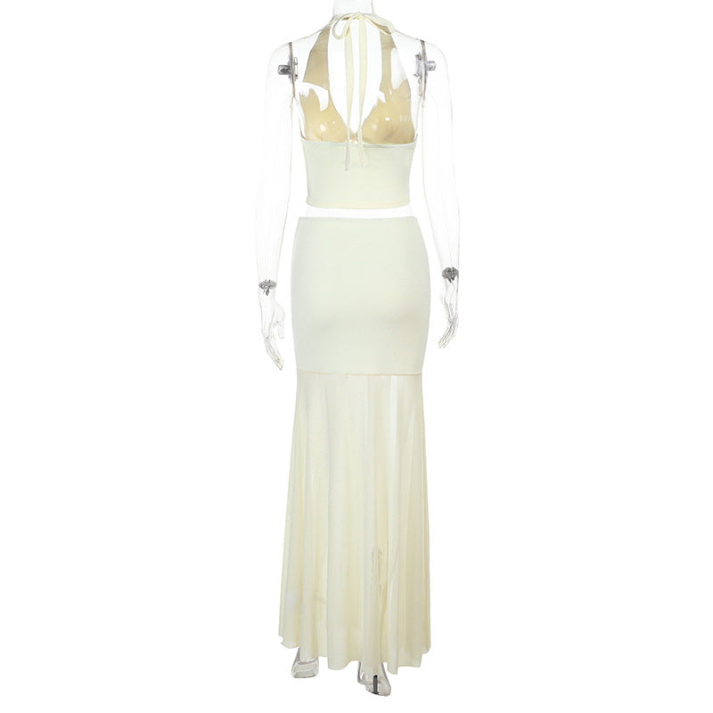 Women's Sexy High Waist Mesh Patchwork Long Skirt Halter Neck Hollow Vest Holidays Two Piece Set 8