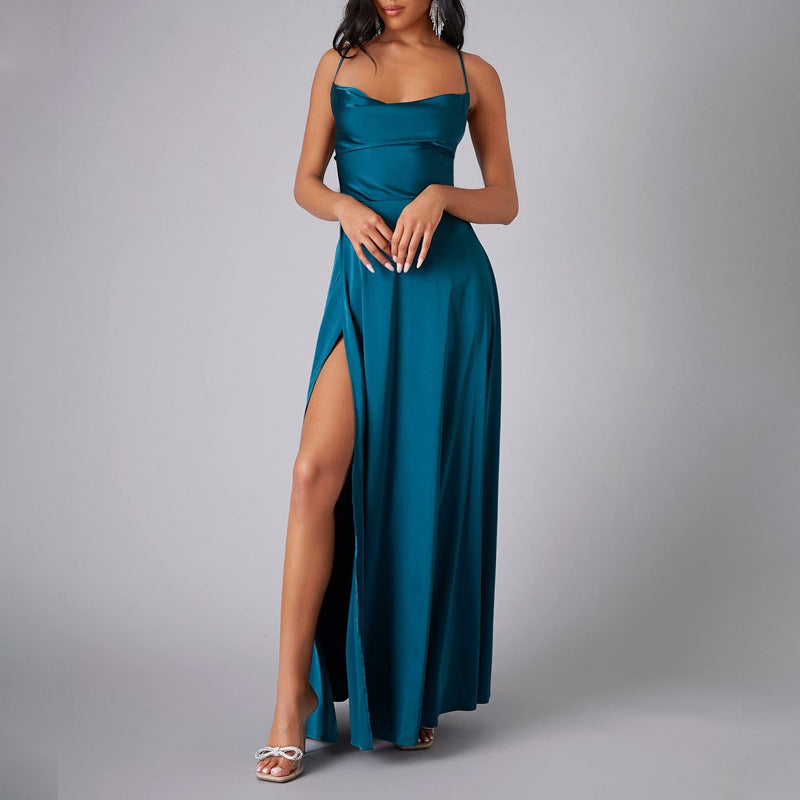Women Sexy Backless Suspender Slit Maxi Dress 9