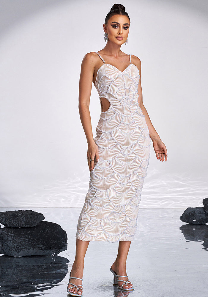 Women's Luxury Strap V-Neck Slim Hollow Sequin Bead Formal Party Evening Dress