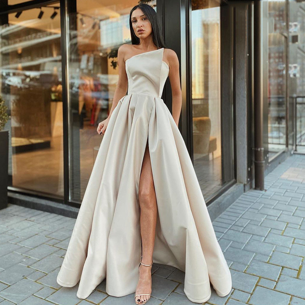 Women One Shoulder Strapless Sexy Slit Dress 3