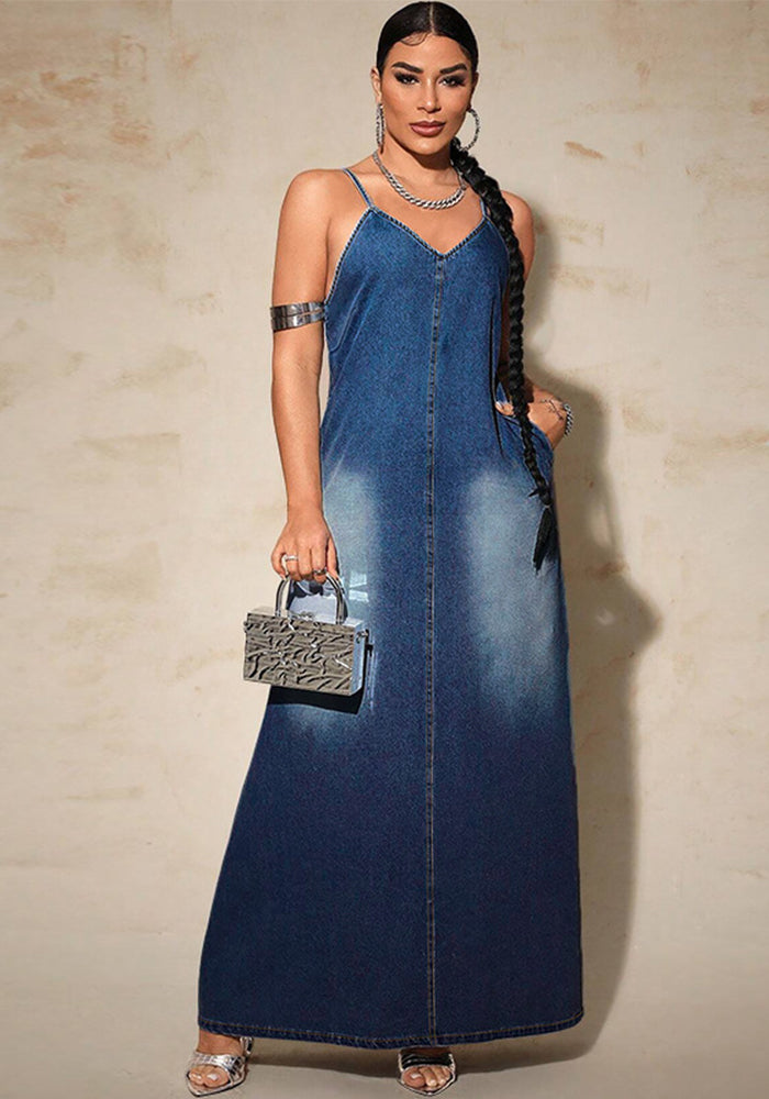 Women's Denim Strap Casual Long Dress