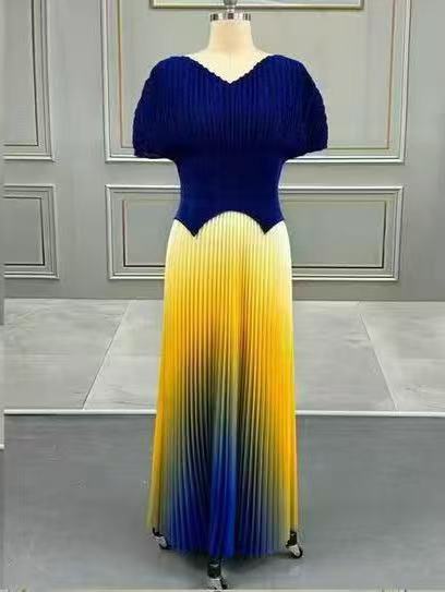 Pleated solid color v-neck top gradient pleated long skirt two-piece set for women 10