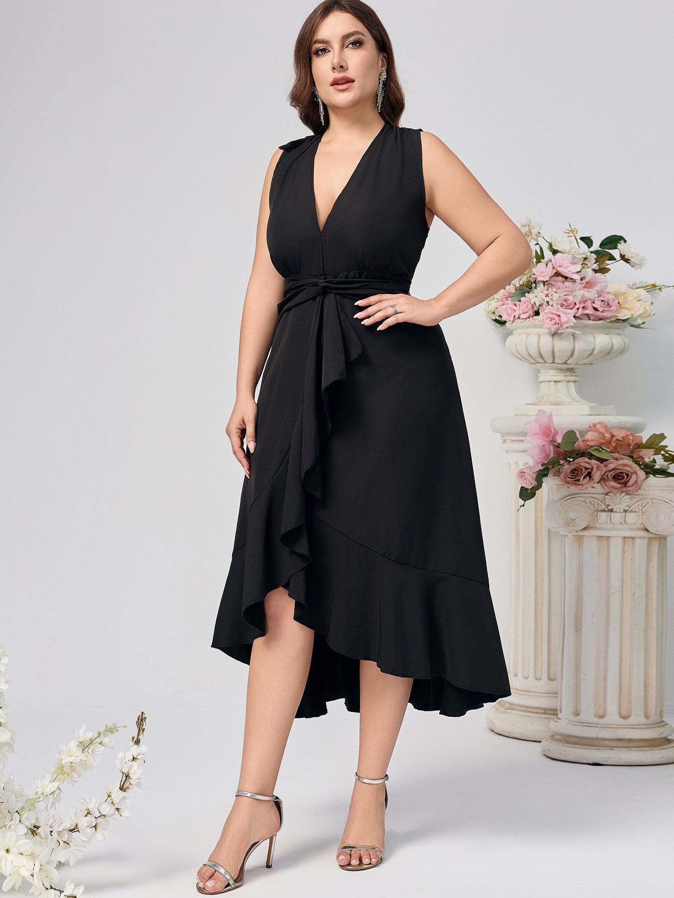 Plus Size Women Dress Solid v-neck Sexy Maxi Dress 3