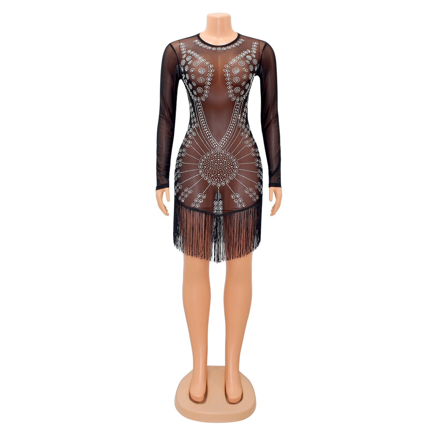 Summer Women's Fashion Sexy Mesh Beaded Fringe Long Sleeve Ladies Dress 13