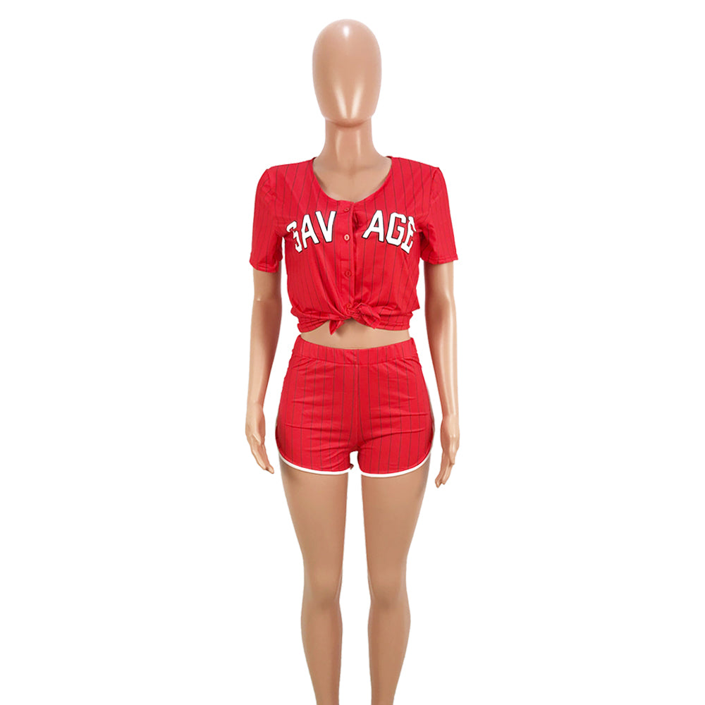 Women Sexy Women Striped Letter Baseball Top and Skirt Two-piece Set 19