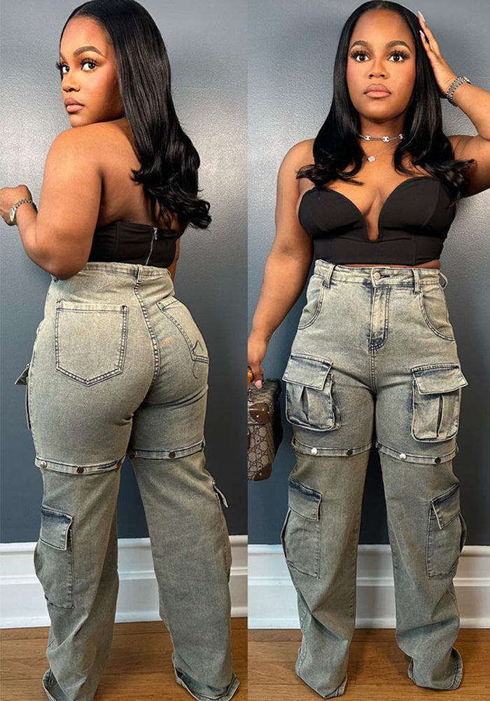 Women Pocket Removable Button Denim Pants