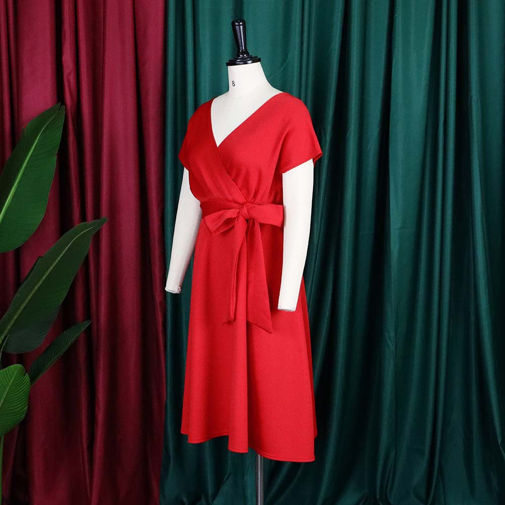 Summer V-Neck Solid Color Slim Waist Bow Lace-Up A-Line Dress 33