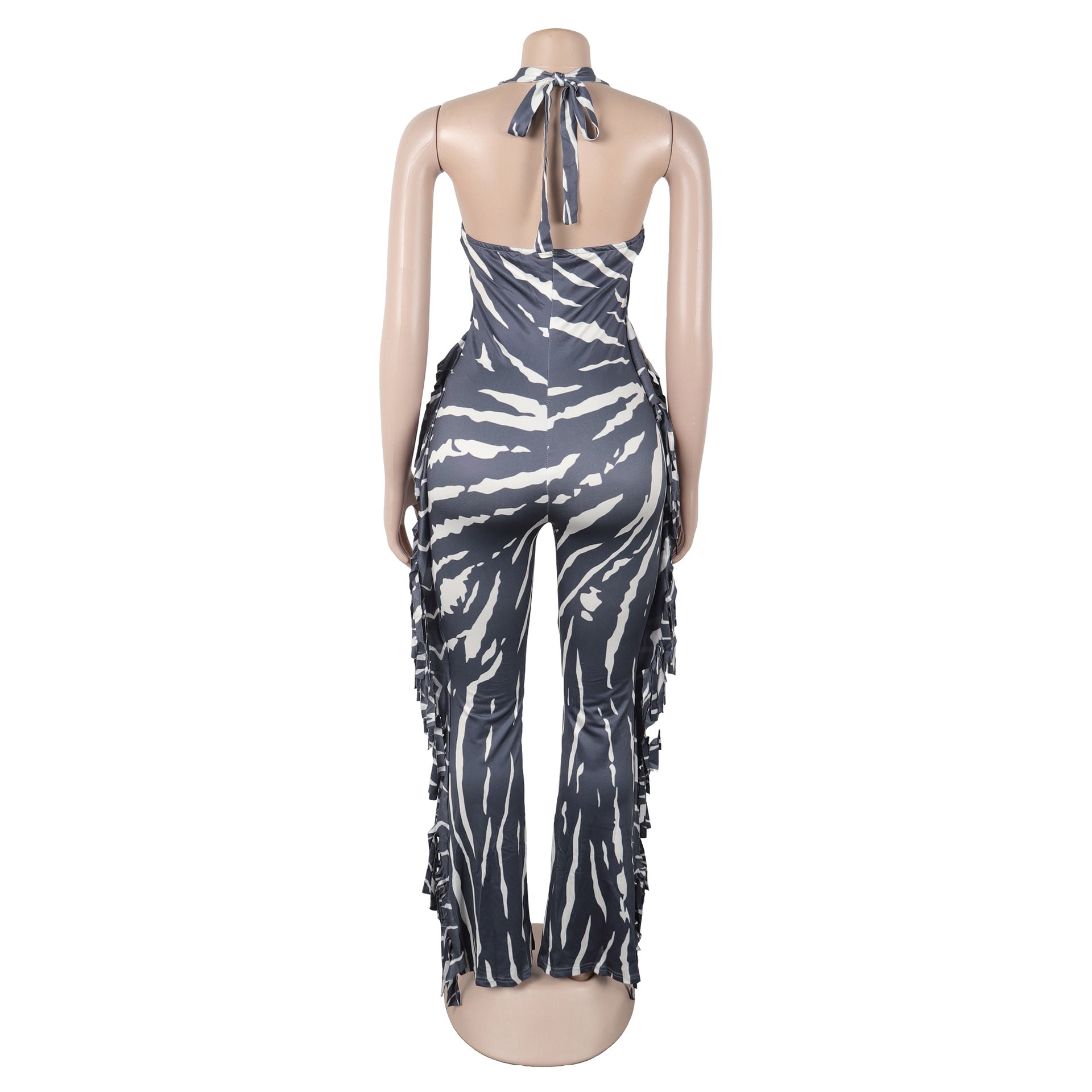 Women Elegant Sexy Tassel Print Halter Neck Lace-Up Jumpsuit 7