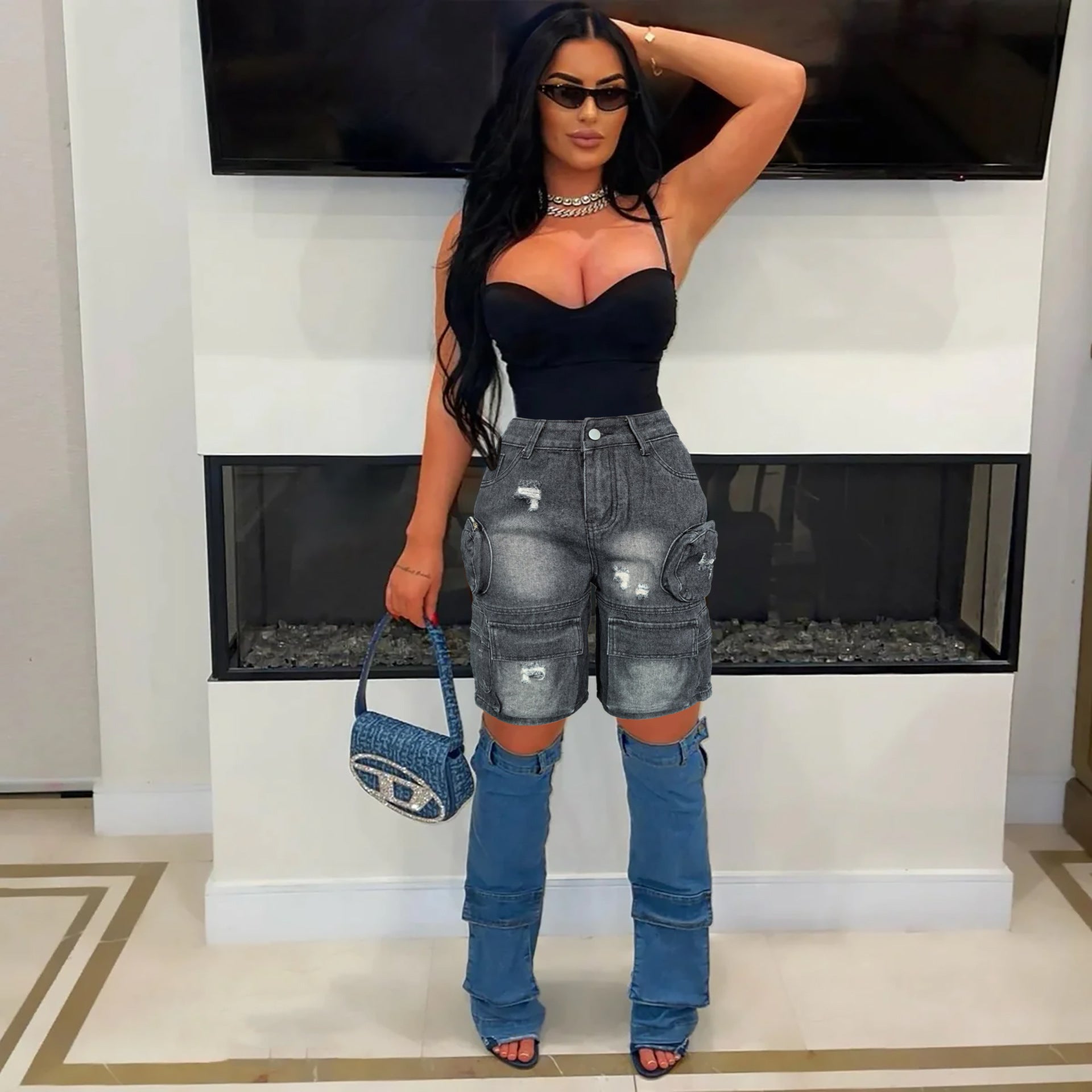 Women Pocket Ripped Knee-Length Denim Shorts