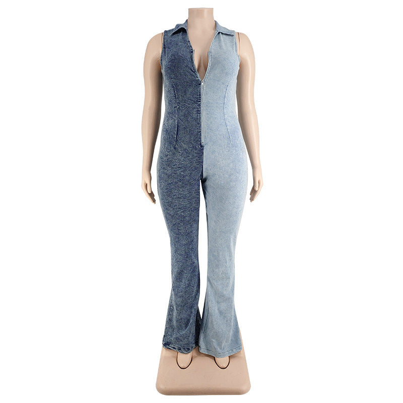Plus Size Women's Fall Color Block Wash Sexy Denim Jumpsuit 15