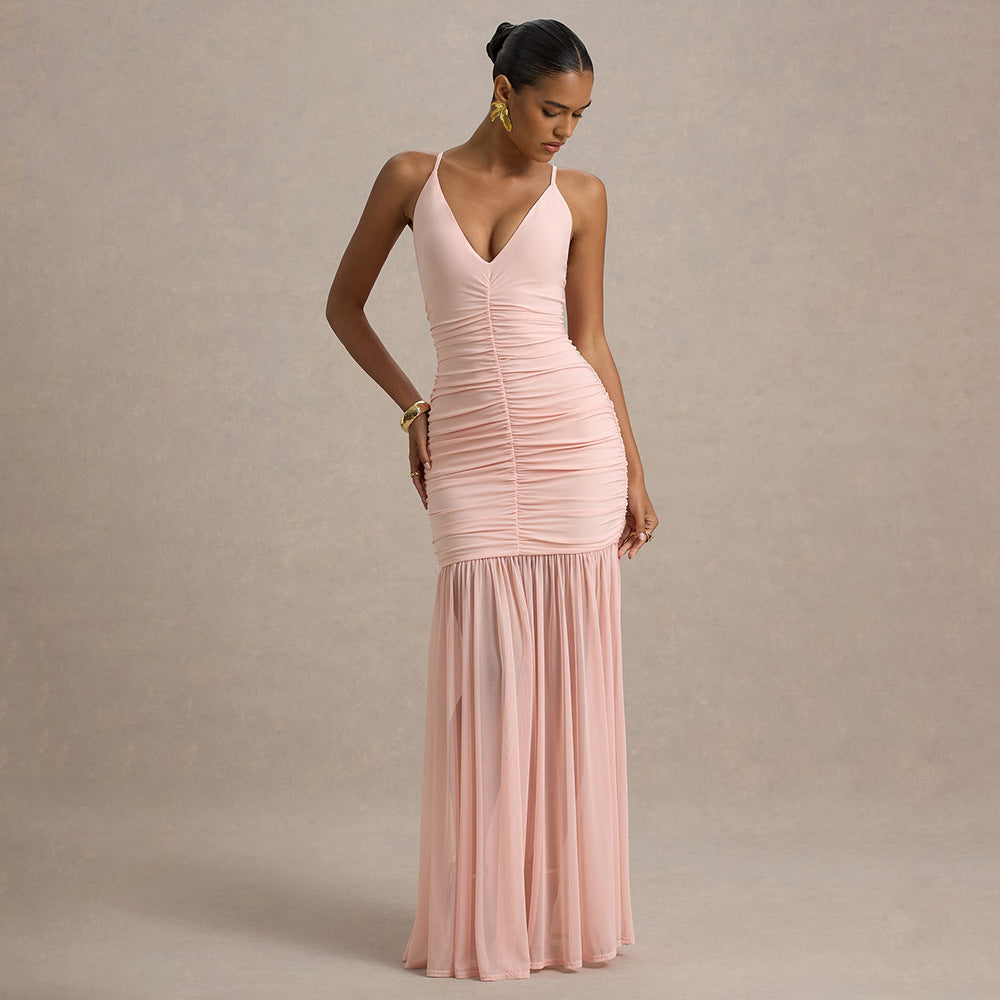 Women Sexy and Elegant Ruffled See-Through Solid Backless V-Neck Strap Dress 5