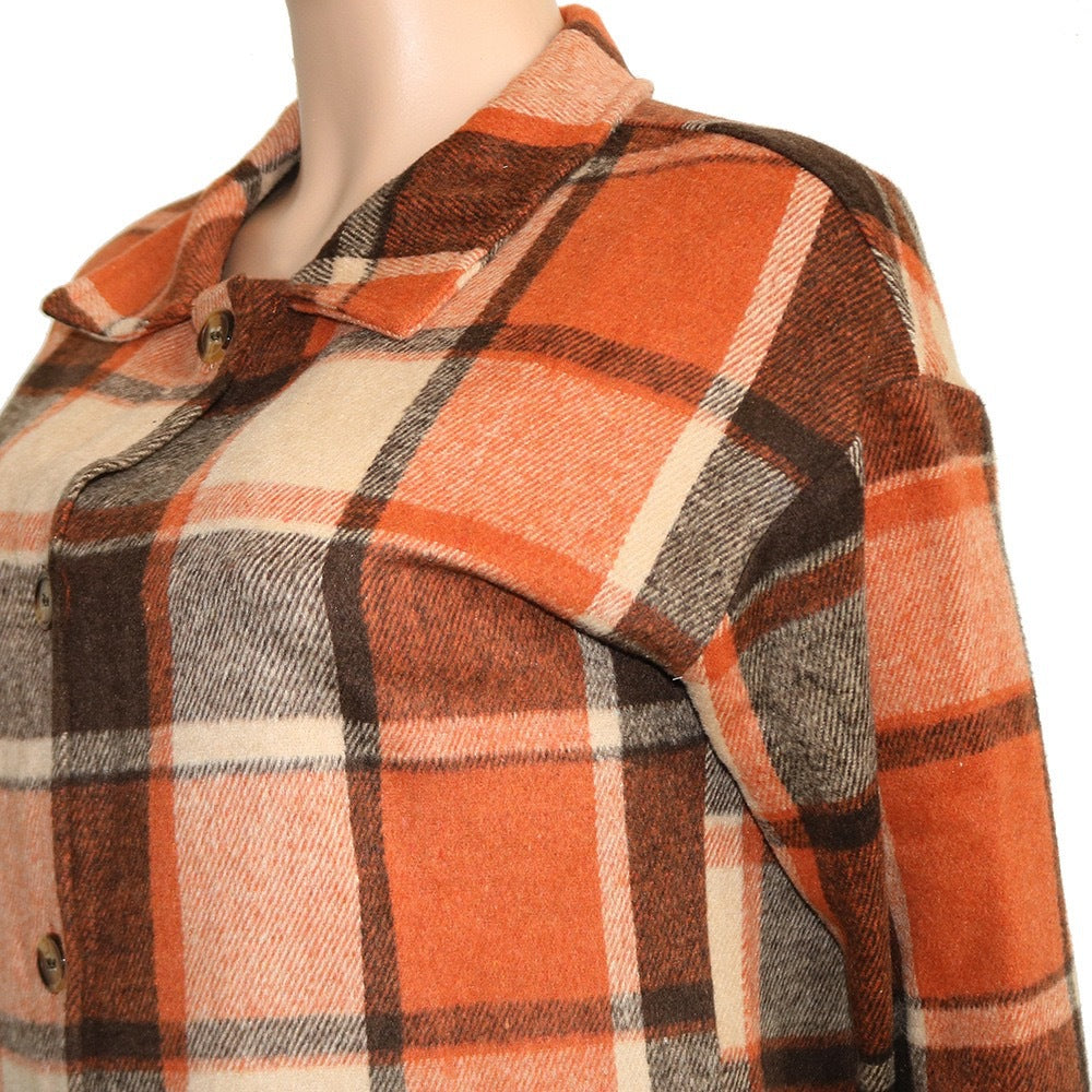 Women Autumn and Winter Loose Plaid Long Shirt Coat 10