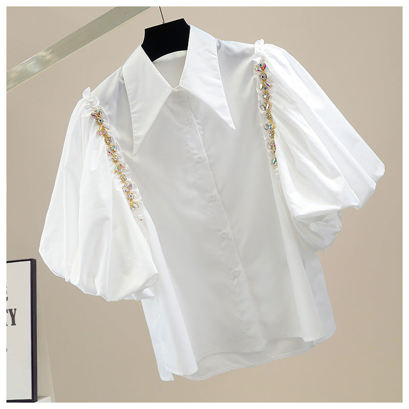 Embellished Rhinestone Chain Fashion Slit Retro Puff Sleeve Shirt