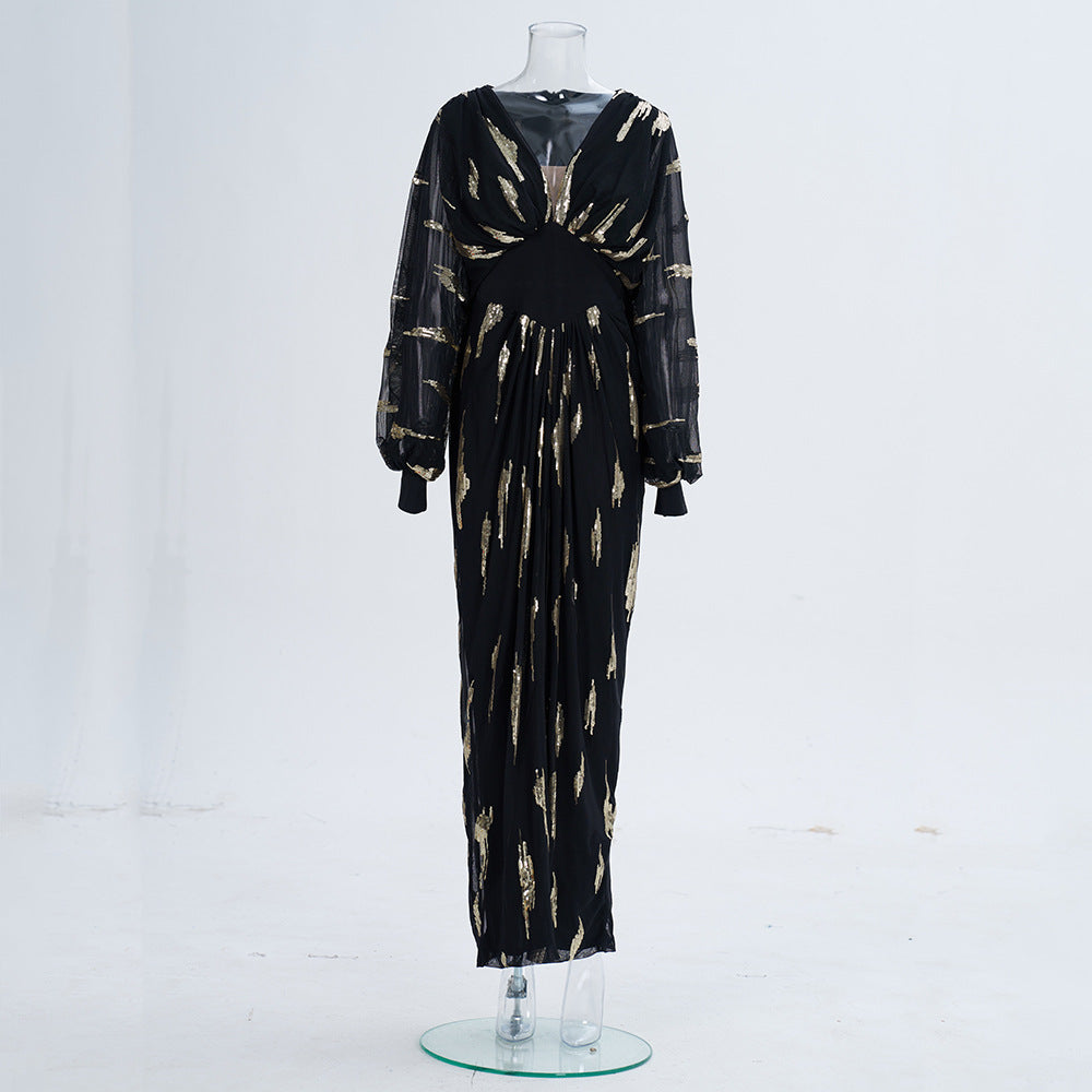 Women long sleeve V-neck sexy sequin Formal Party Maxi evening dress 11