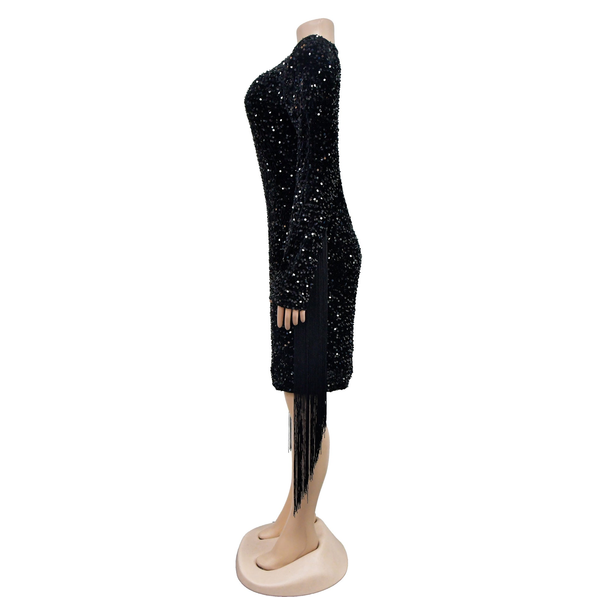 Women Solid Sequined Tassel Long Sleeve Dress 10