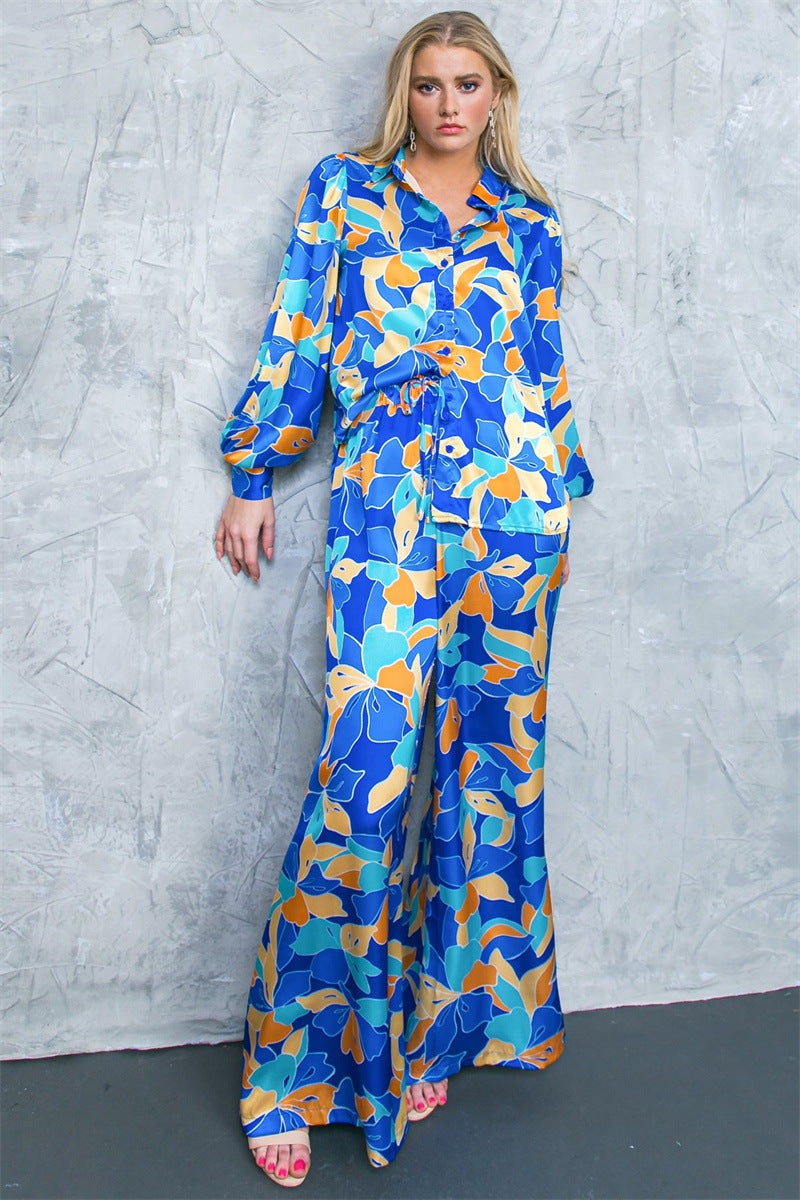Women's Fashion Printed Puff Long Sleeve Shirt Wide Leg Pants Two-Piece Set