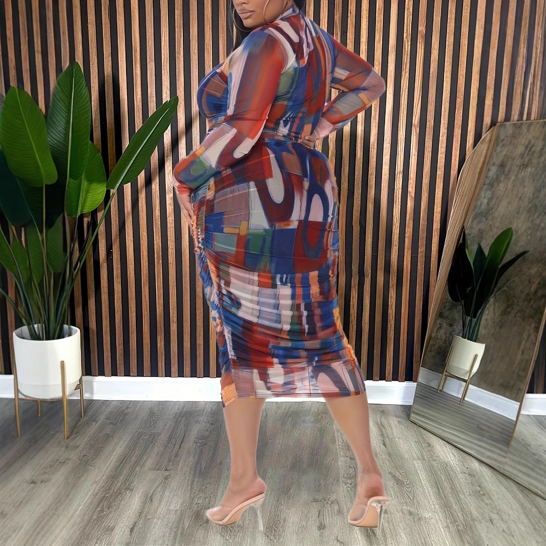 Plus Size Fashion Trend Slim Waist Long Sleeve Party Dress 4