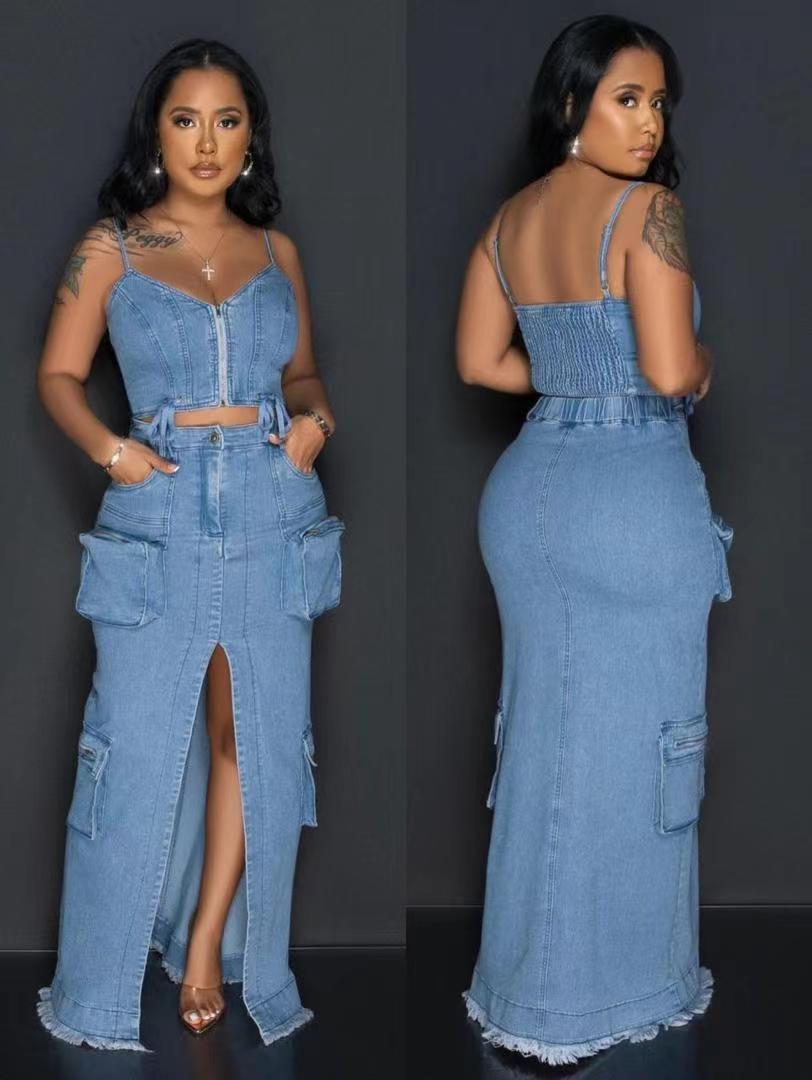 Women’s Fashion Zipper Strap Top Cargo Denim Skirt Set 3