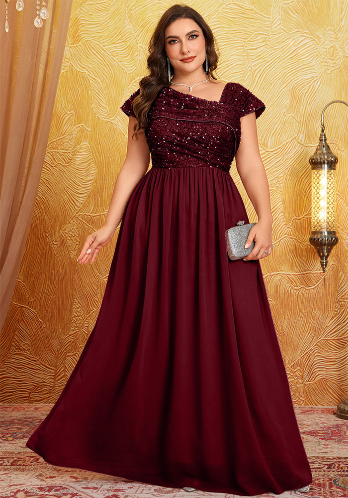 Women V Neck Pleated and Elegant Sequin Patchwork Chiffon Dress