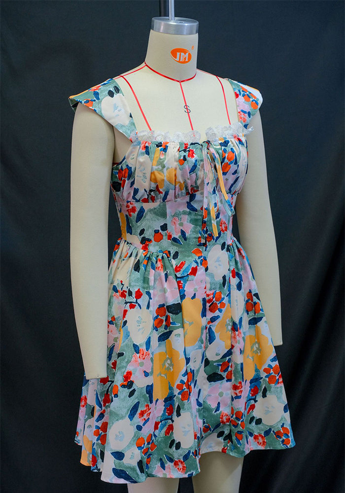 Women's Summer Lace Printed Strap Pleated Short Dress