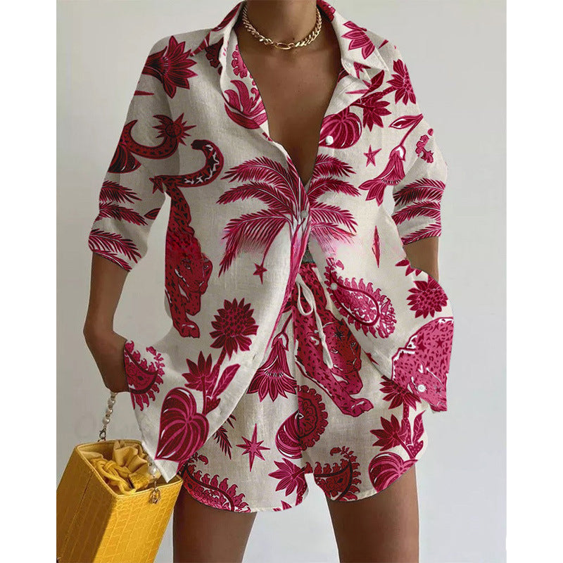 Women's Summer Printing Casual Shirt Shorts 2-Piece Set 3