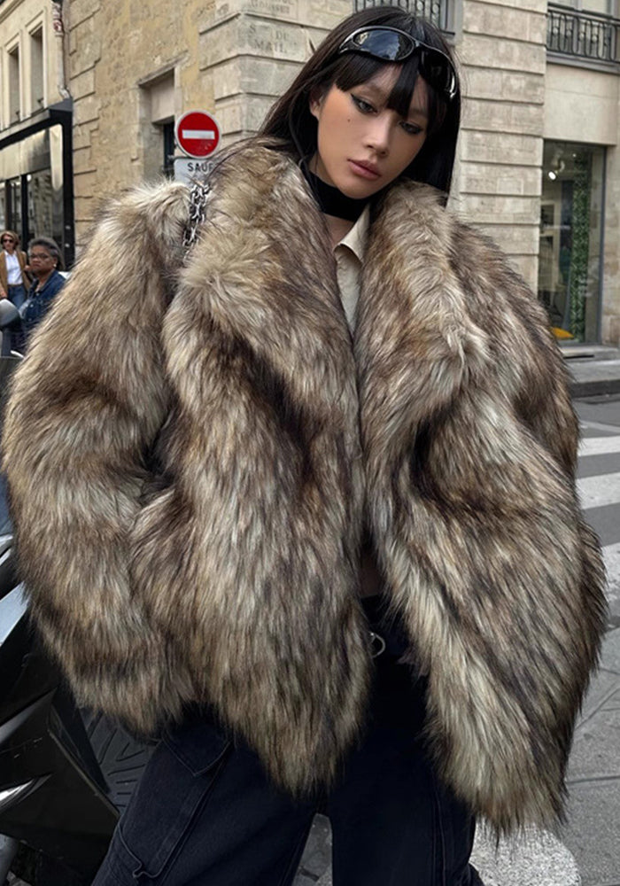 Women's Fur Coat Brown Turndown Collar Environmentally Warm Coat