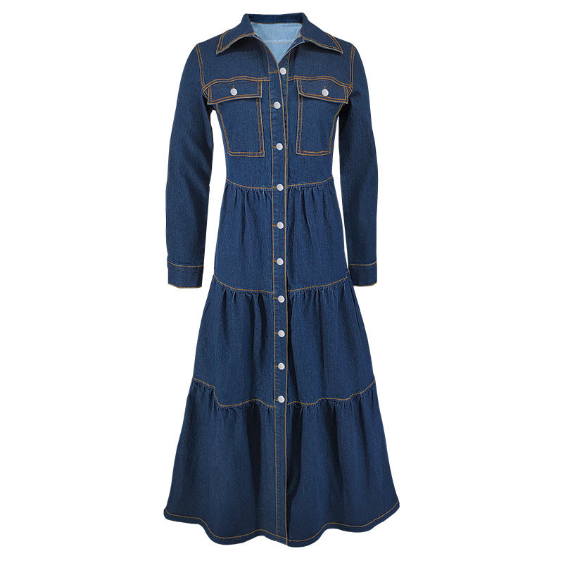 Elegant Long Sleeve Denim Long Dress 5