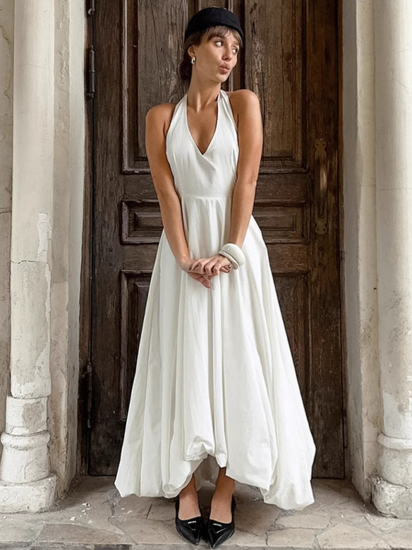 White Sexy Sleeveless Halter Neck Dress Fashion A-Line Maxi Dress for Women