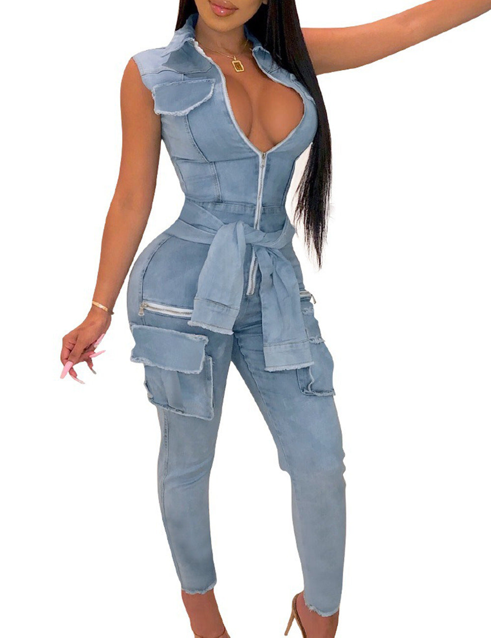 Women Summer Pockets Denim Jumpsuit