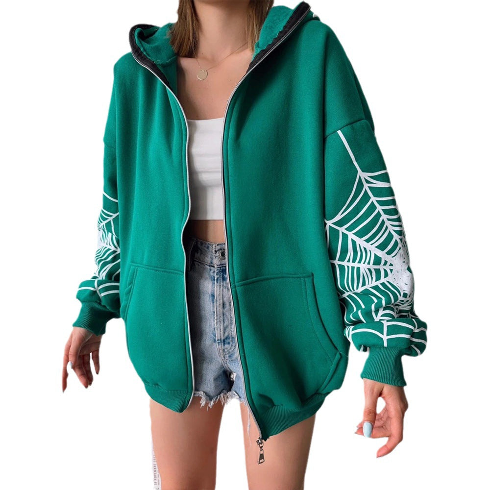 Autumn And Winter Spider Web Print Street Trendy Zipper Hooded Coat Casual Hoodies 8
