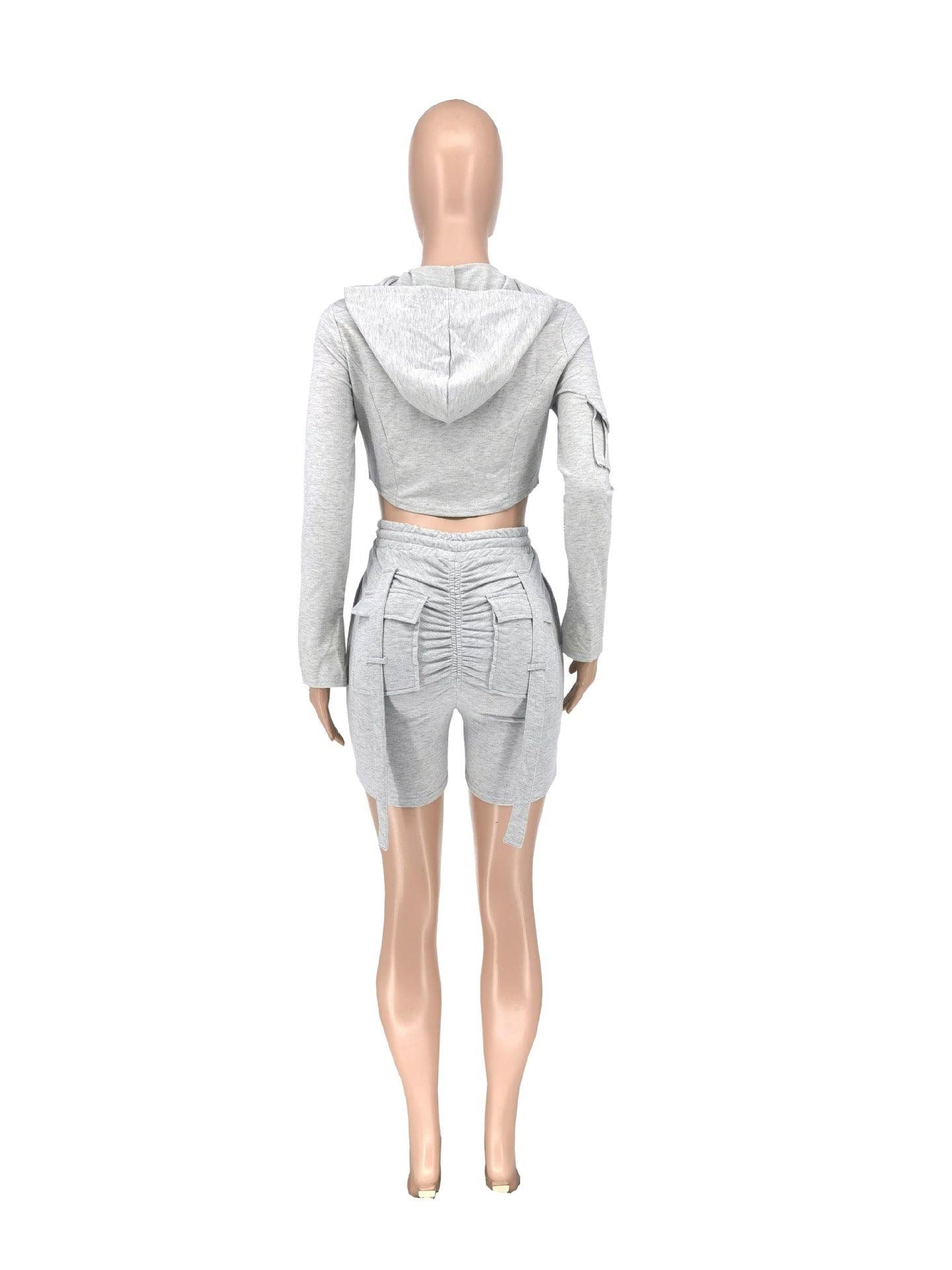 Women Casual Long Sleeve Top and Pocket Cargo Sports Shorts 2-piece Set 10