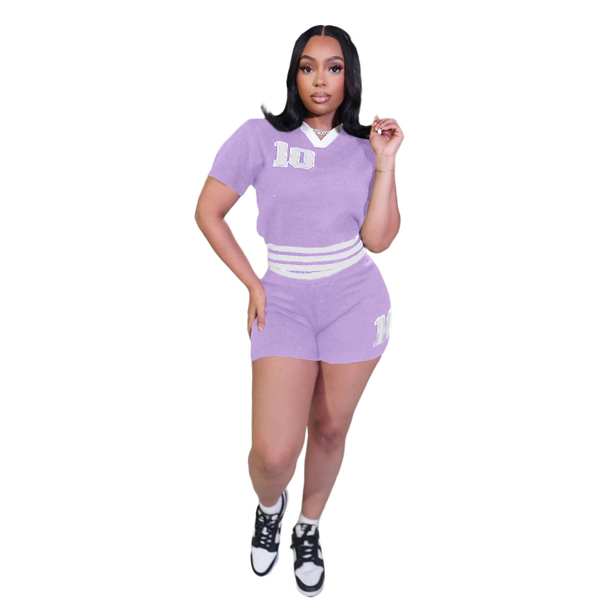 Fashionable Summer Turndown Collar Contrast Knit Top Shorts Set 5