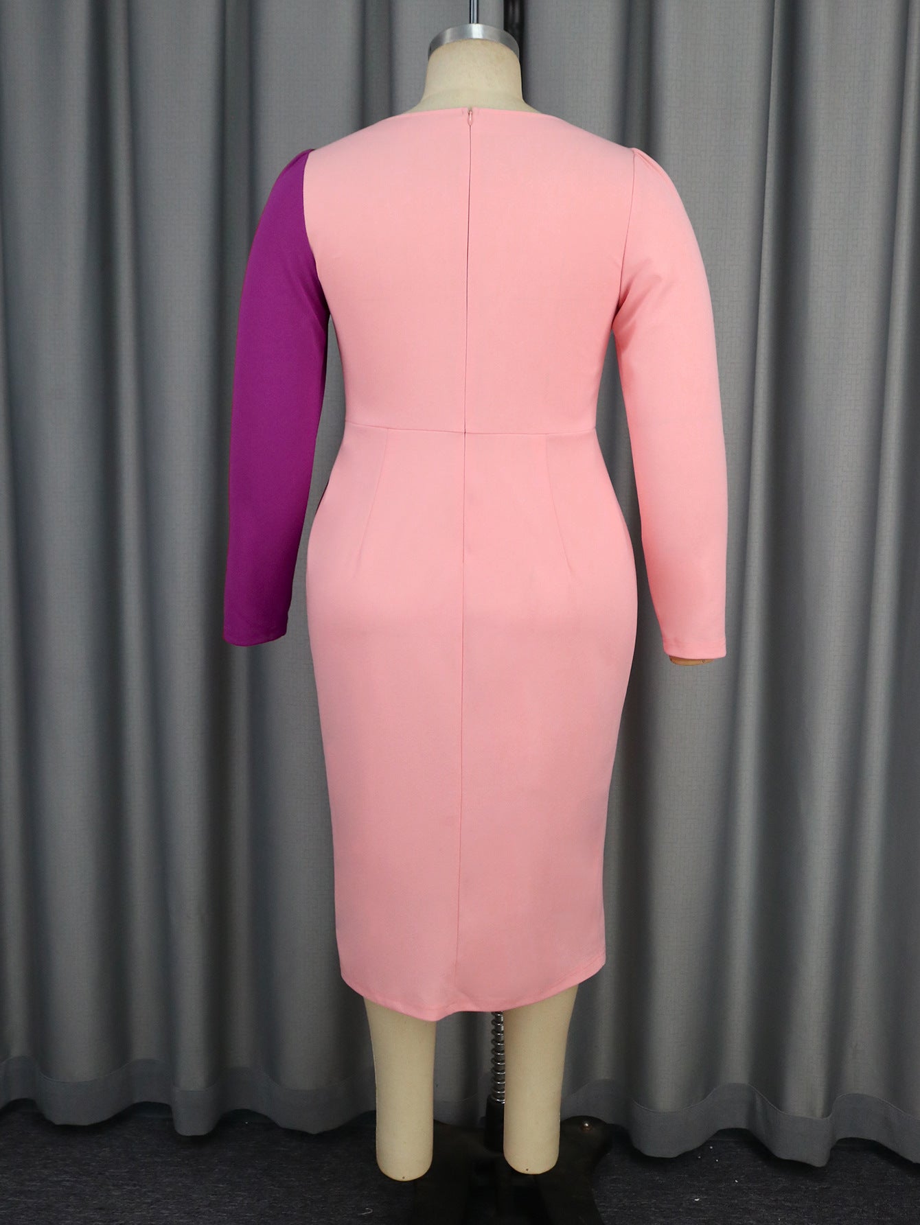 Women V-Neck Long Sleeve Contrast Color Block Rose Dress 6