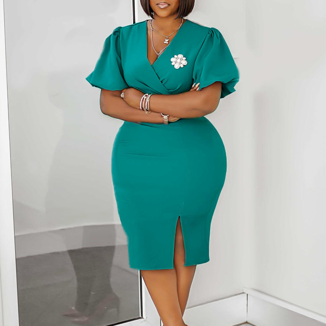 African Summer Women V-Neck Lantern Sleeve Bodycon Slit Dress 4