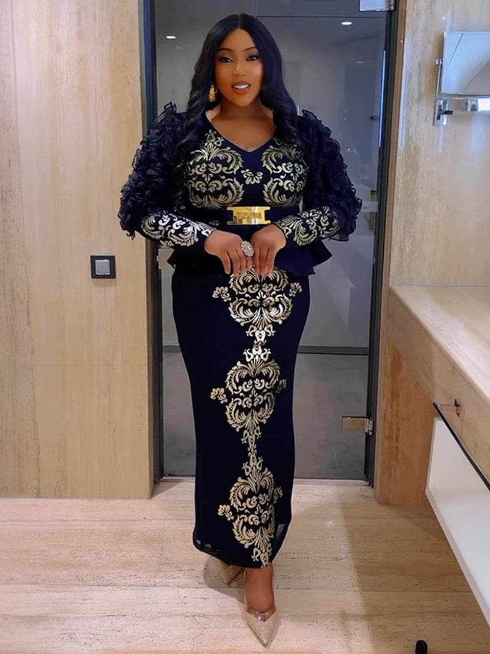 Plus Size African Women Beaded beaded v-neck dress 6