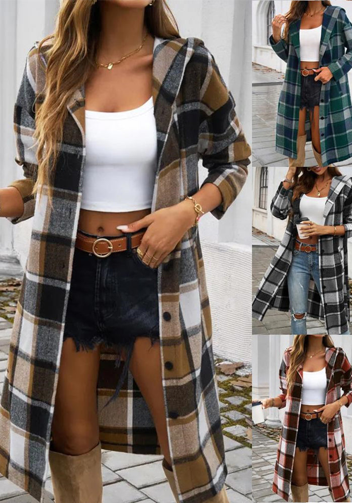 Women Plaid Hooded Long-sleeved Coat